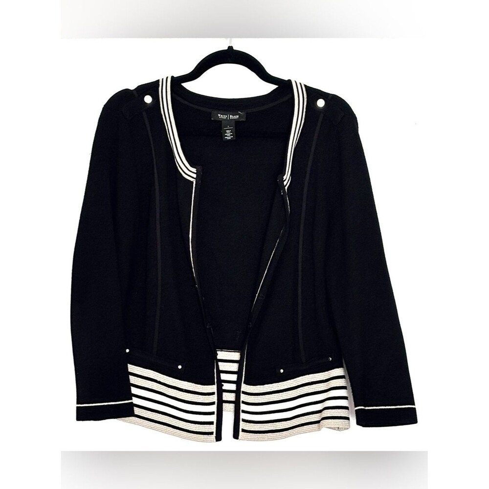 White House Black Market Milano Stripe Epaulette Sweater Jacket Black Size L